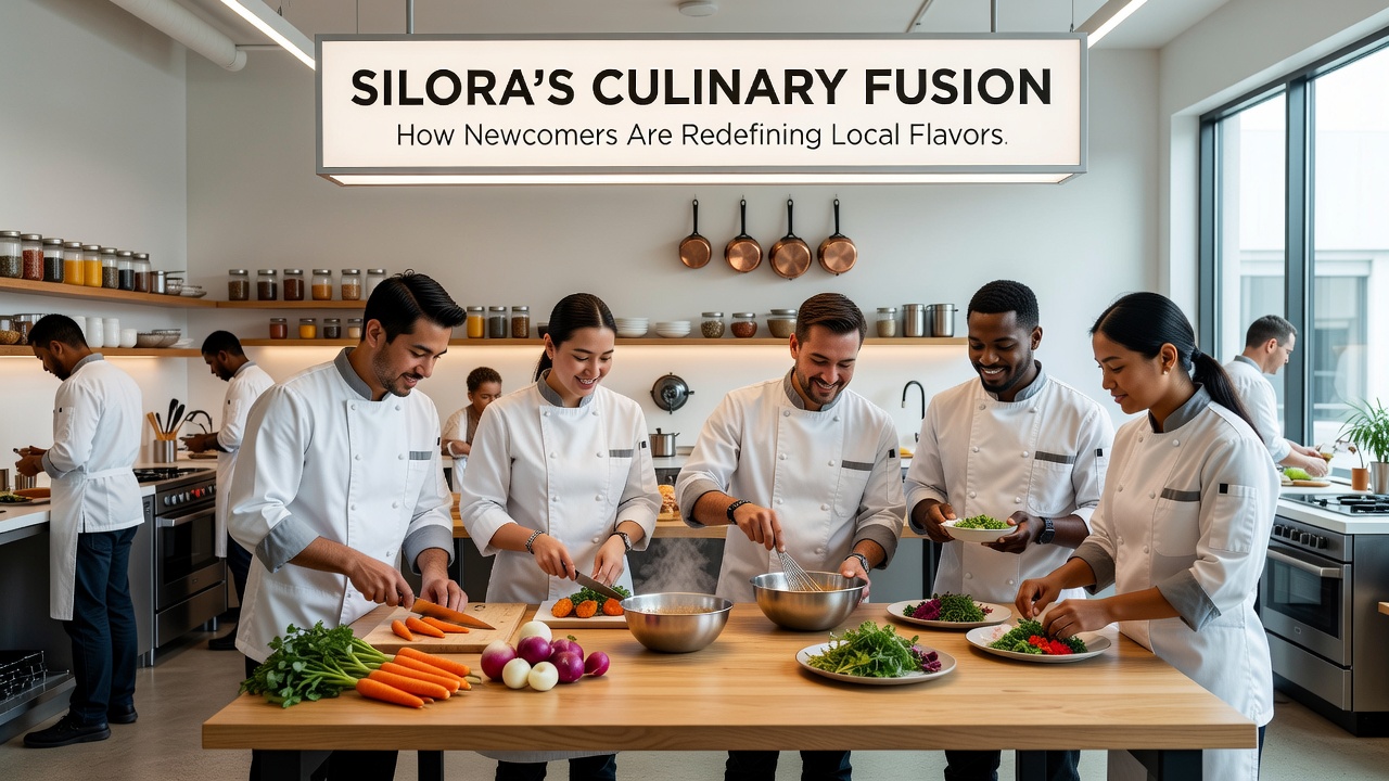 Chefs preparing fusion plates at a Silora community kitchen event with visible local and imported ingredients